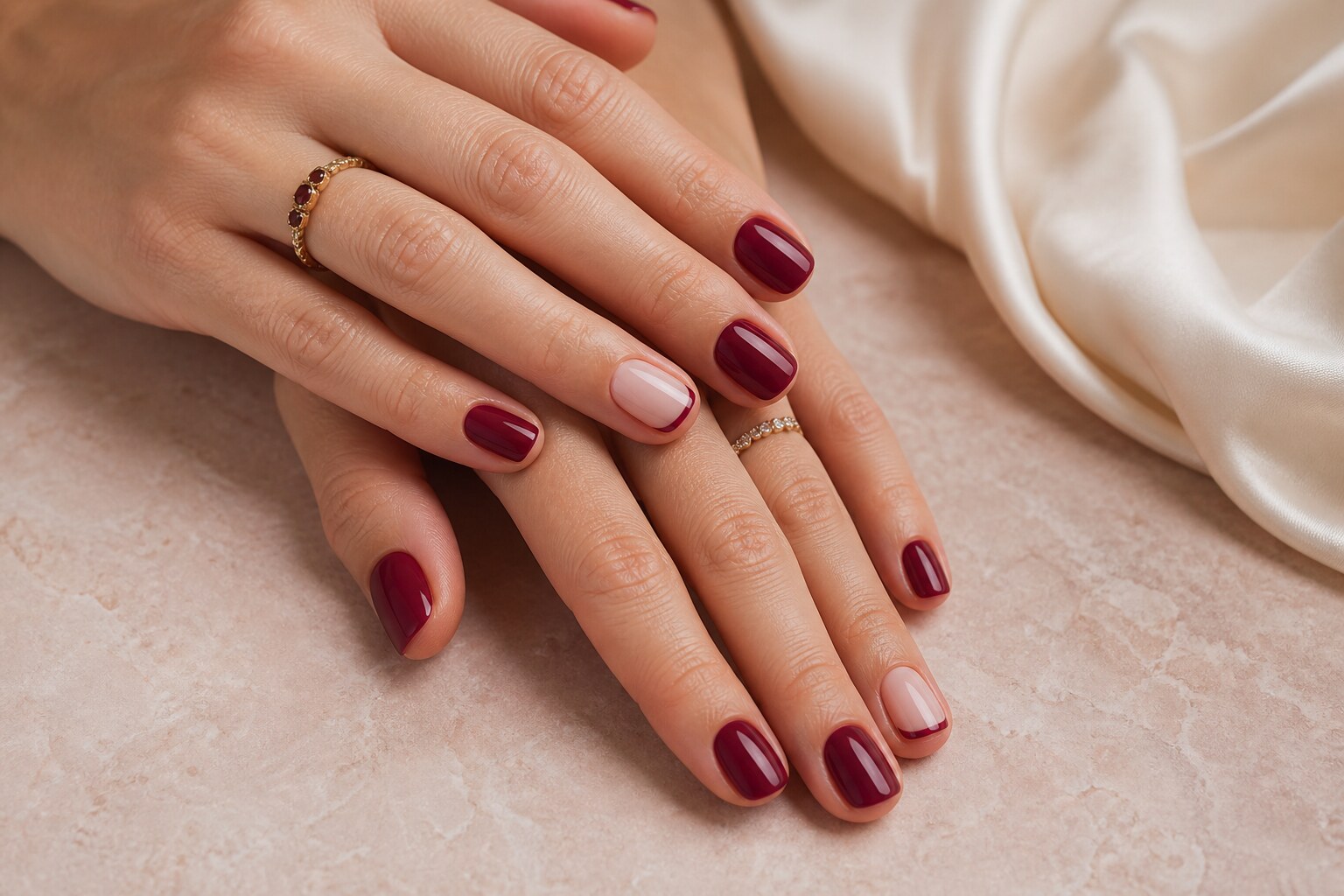 Short berry and blush manicure on a soft neutral background