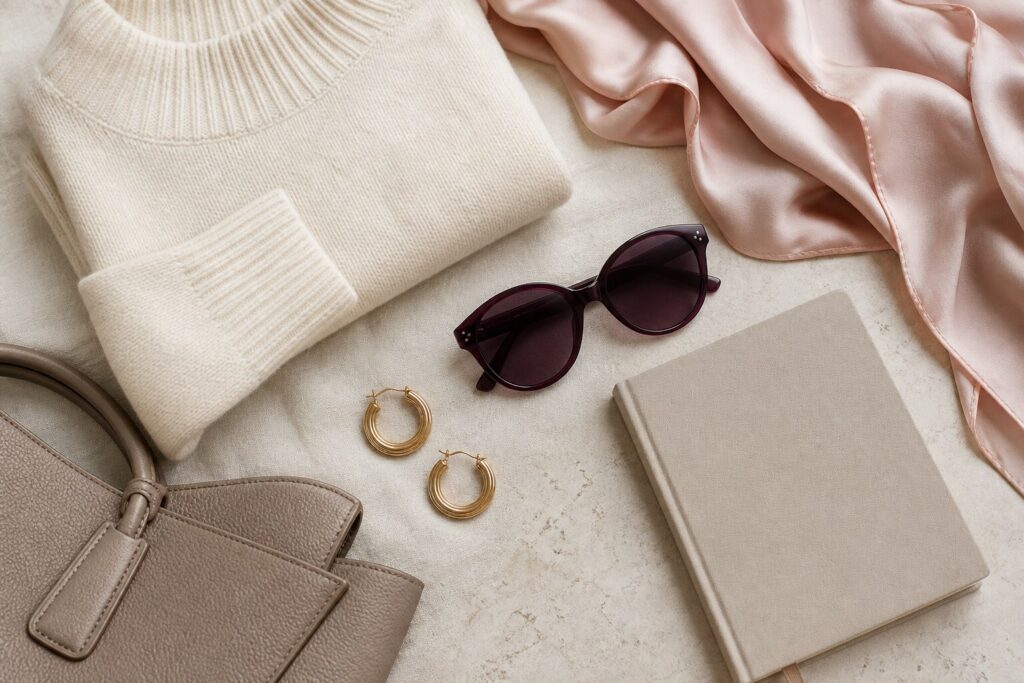 Curated neutral wardrobe and accessories flat lay