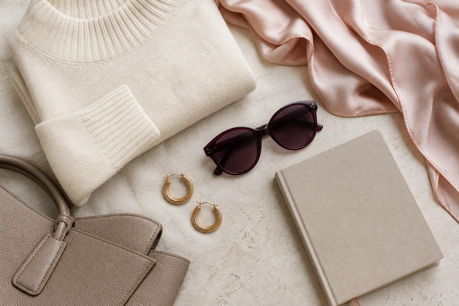 Curated neutral wardrobe and accessories flat lay