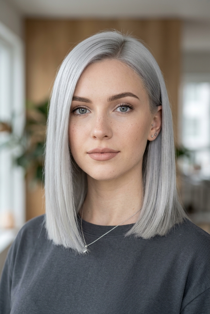1. Cool Platinum Collarbone Blunt Lob - gray blunt cut medium hairstyles