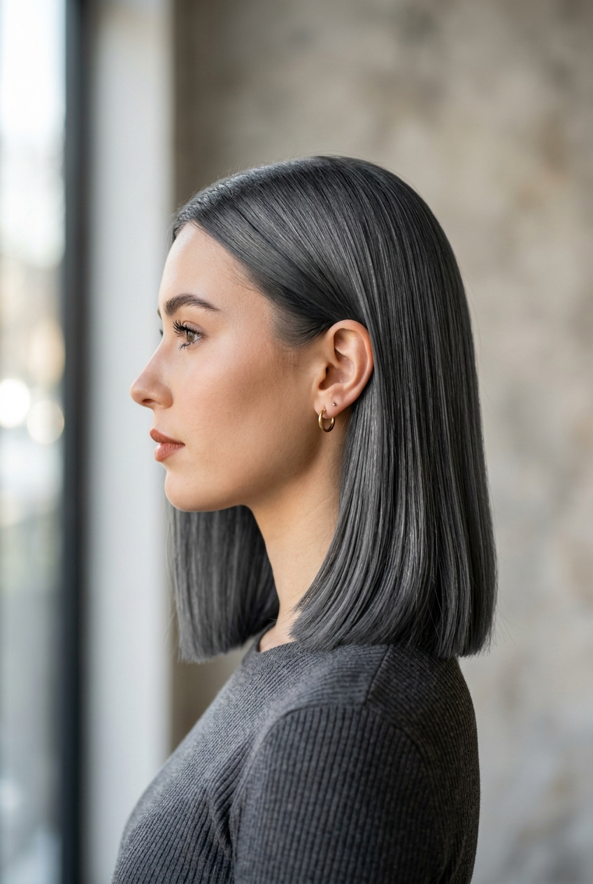 2. Sleek Charcoal Glass-Hair Cut - gray blunt cut medium hairstyles