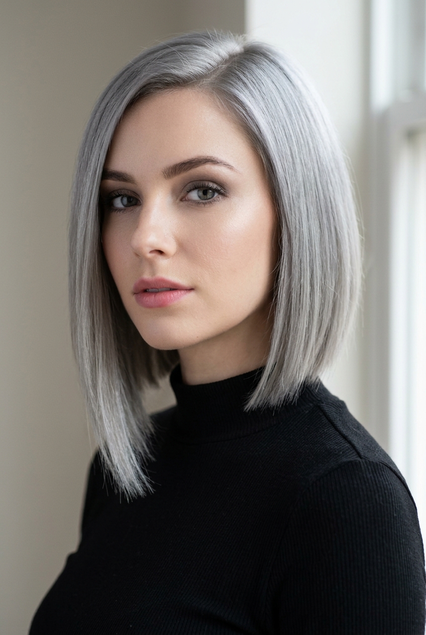 4. Asymmetrical Silver Geometric Lob - gray blunt cut medium hairstyles