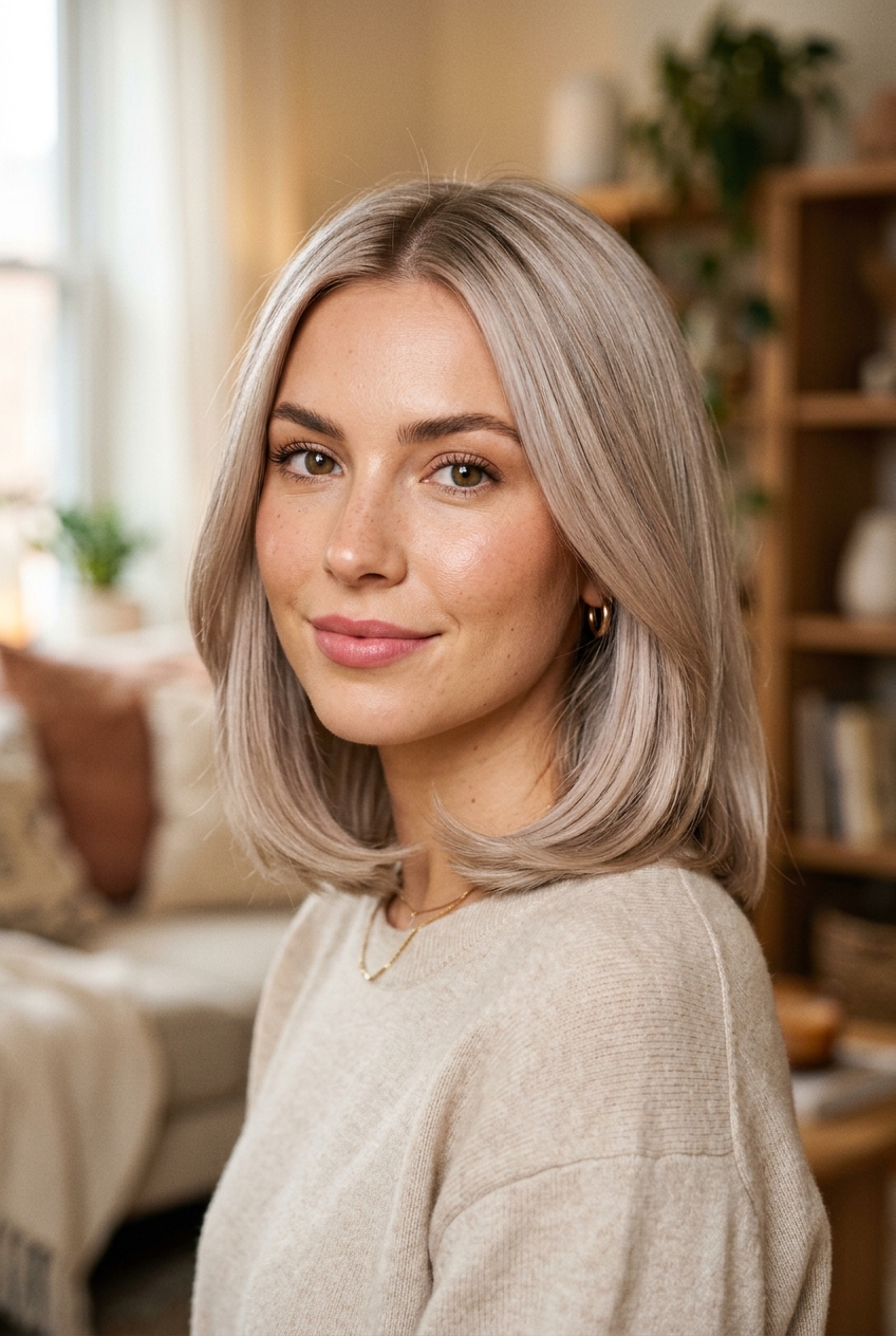 5. Warm Champagne Silver Inward Lob - gray blunt cut medium hairstyles