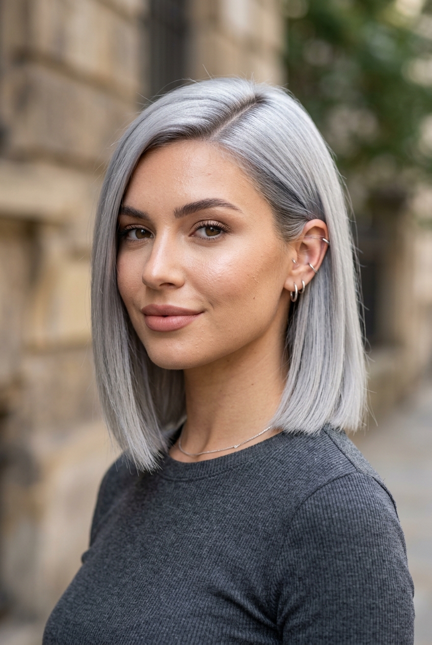 6. Deep Side-Part Silver Power Cut - gray blunt cut medium hairstyles