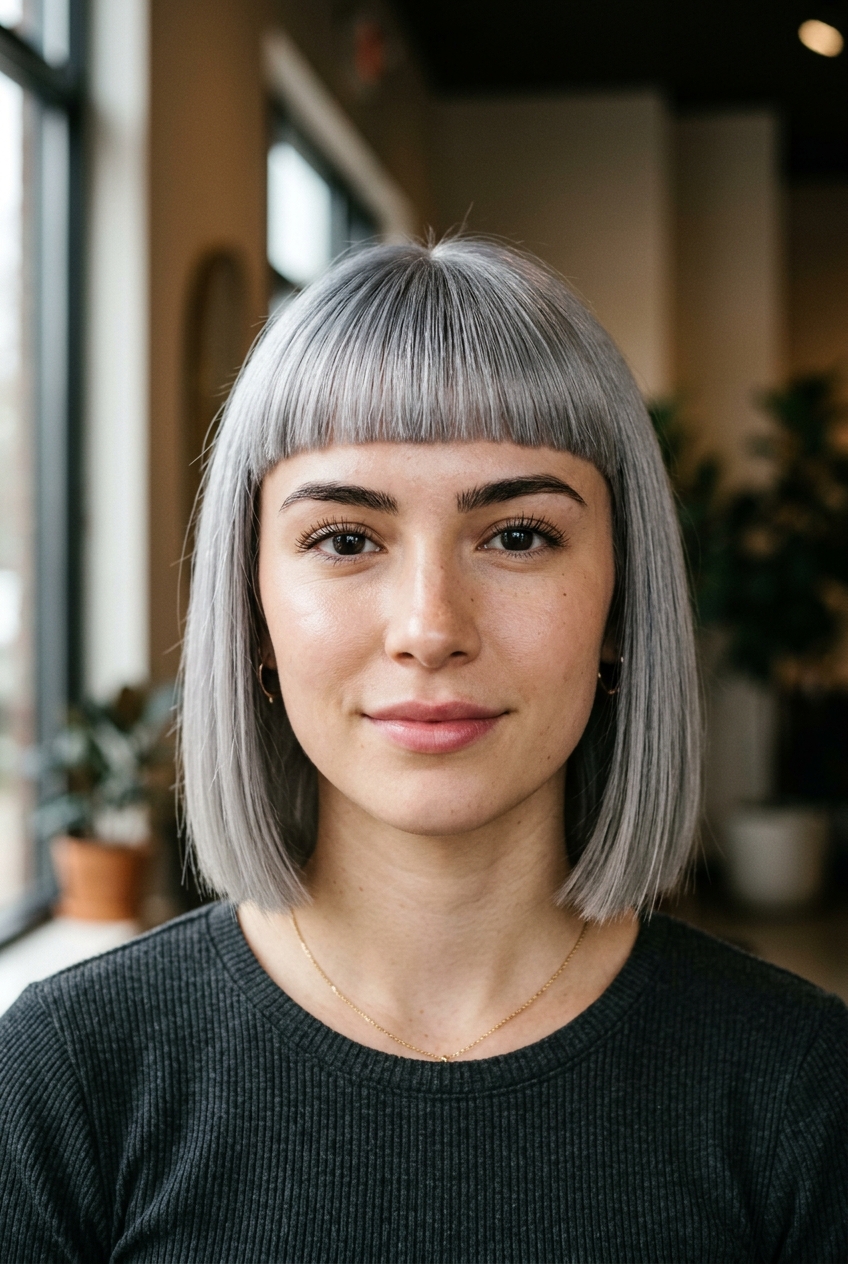 7. Blunt Cut with Sharp Micro Fringe - gray blunt cut medium hairstyles