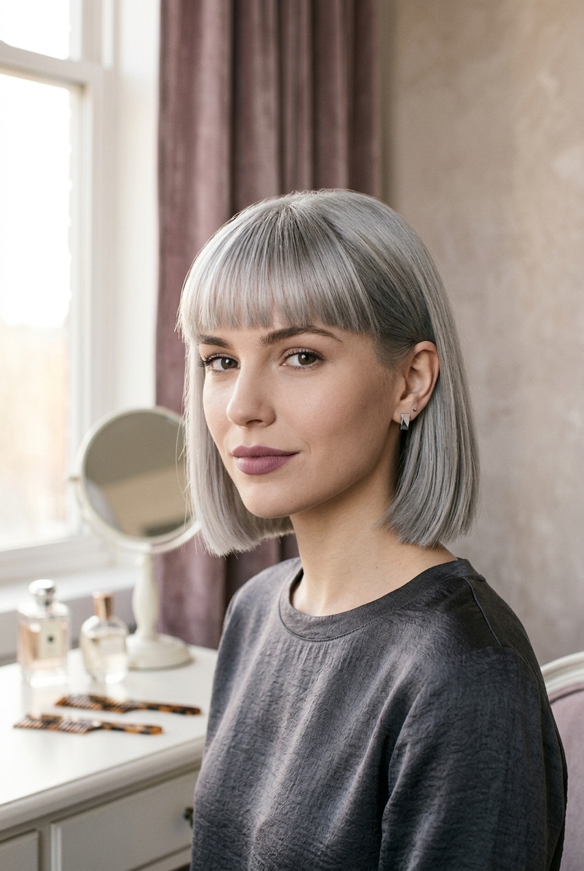 gray bob with blunt bangs featured image