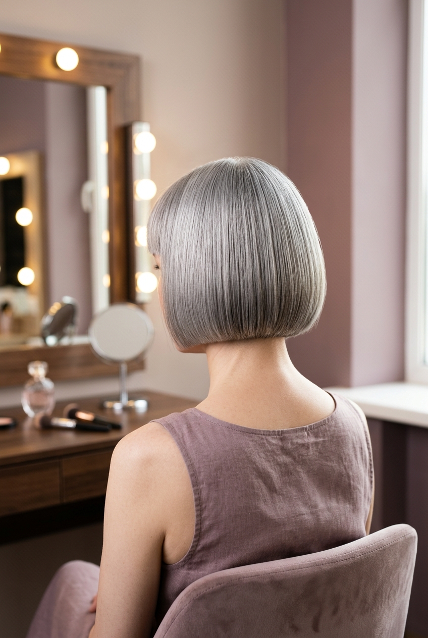 Classic Silver Blunt Bob - gray bob with blunt bangs