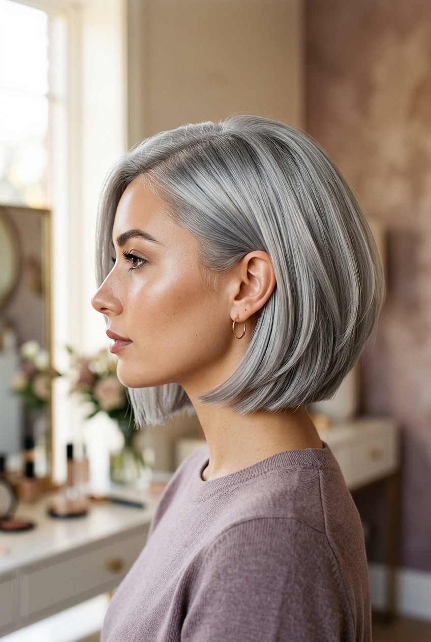 Silver Ash Bob Side Profile - gray bob with blunt bangs
