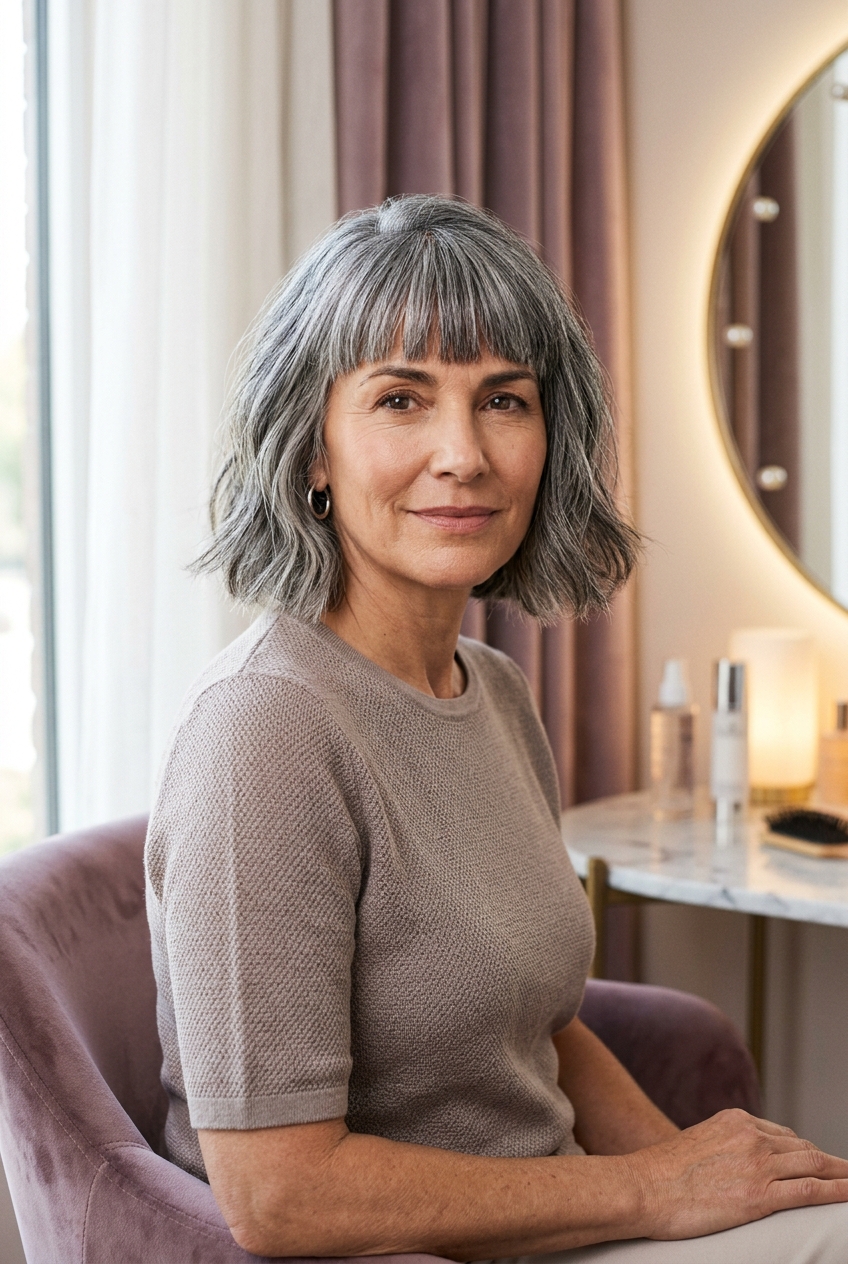 Natural Salt-and-Pepper Texture - gray bob with blunt bangs