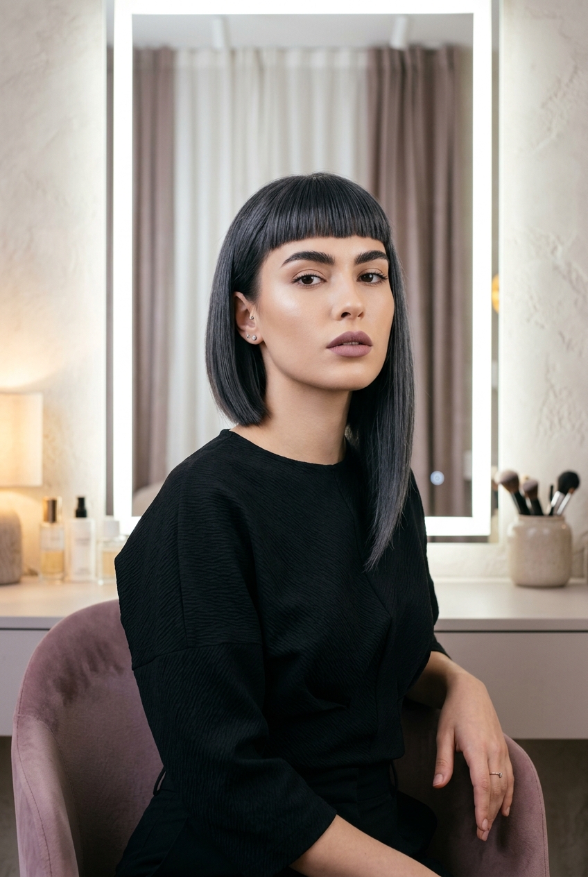 Charcoal Gray Asymmetrical Cut - gray bob with blunt bangs