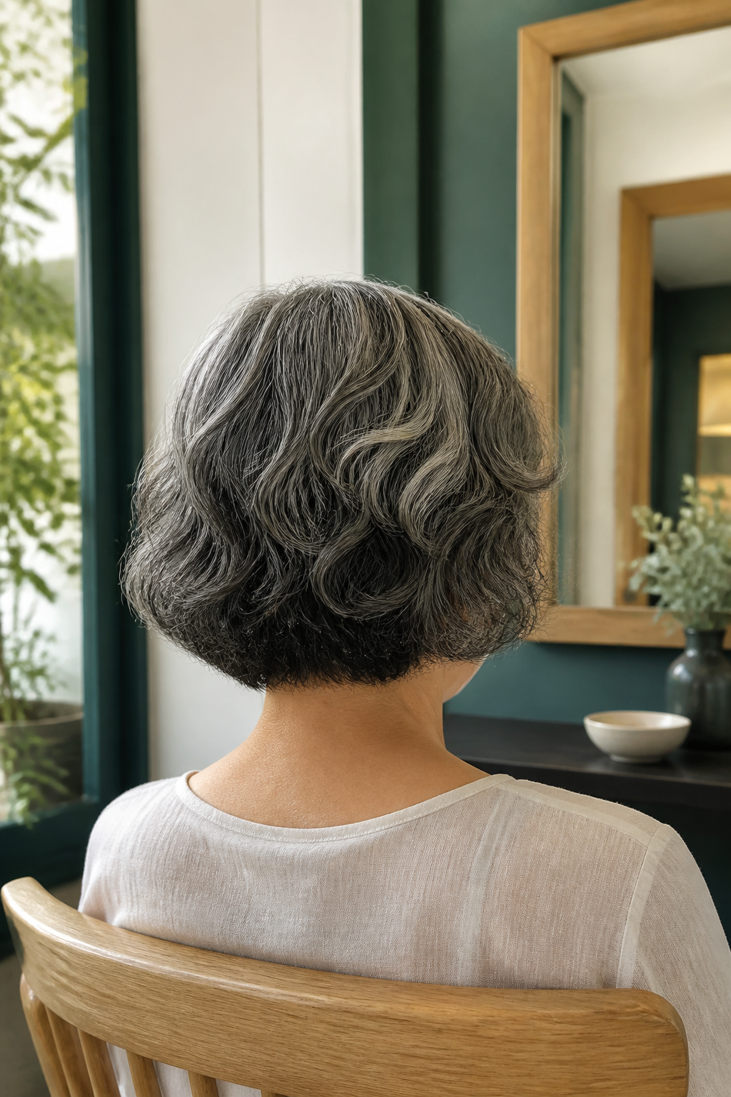 Back view of salt-and-pepper bob with loose S-waves