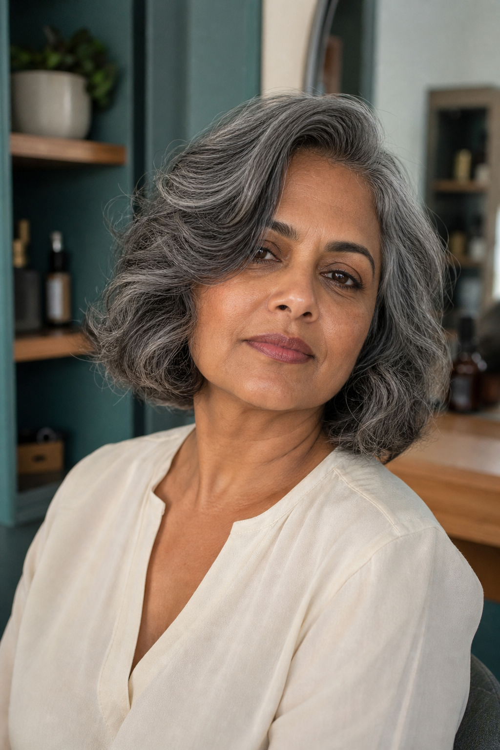 Steel-gray wavy bob with pepper lowlights