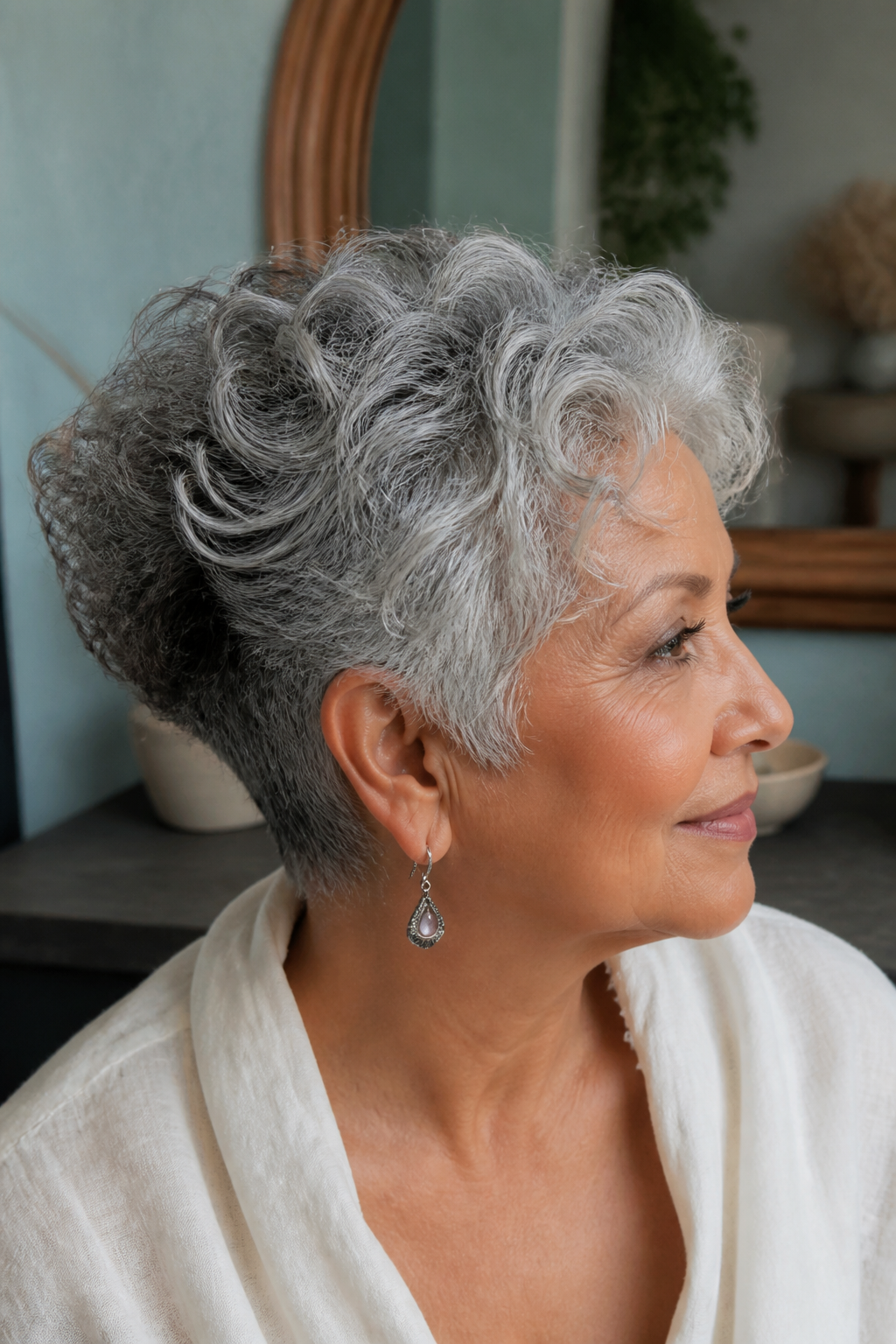 Short silver pixie-bob with a tapered nape