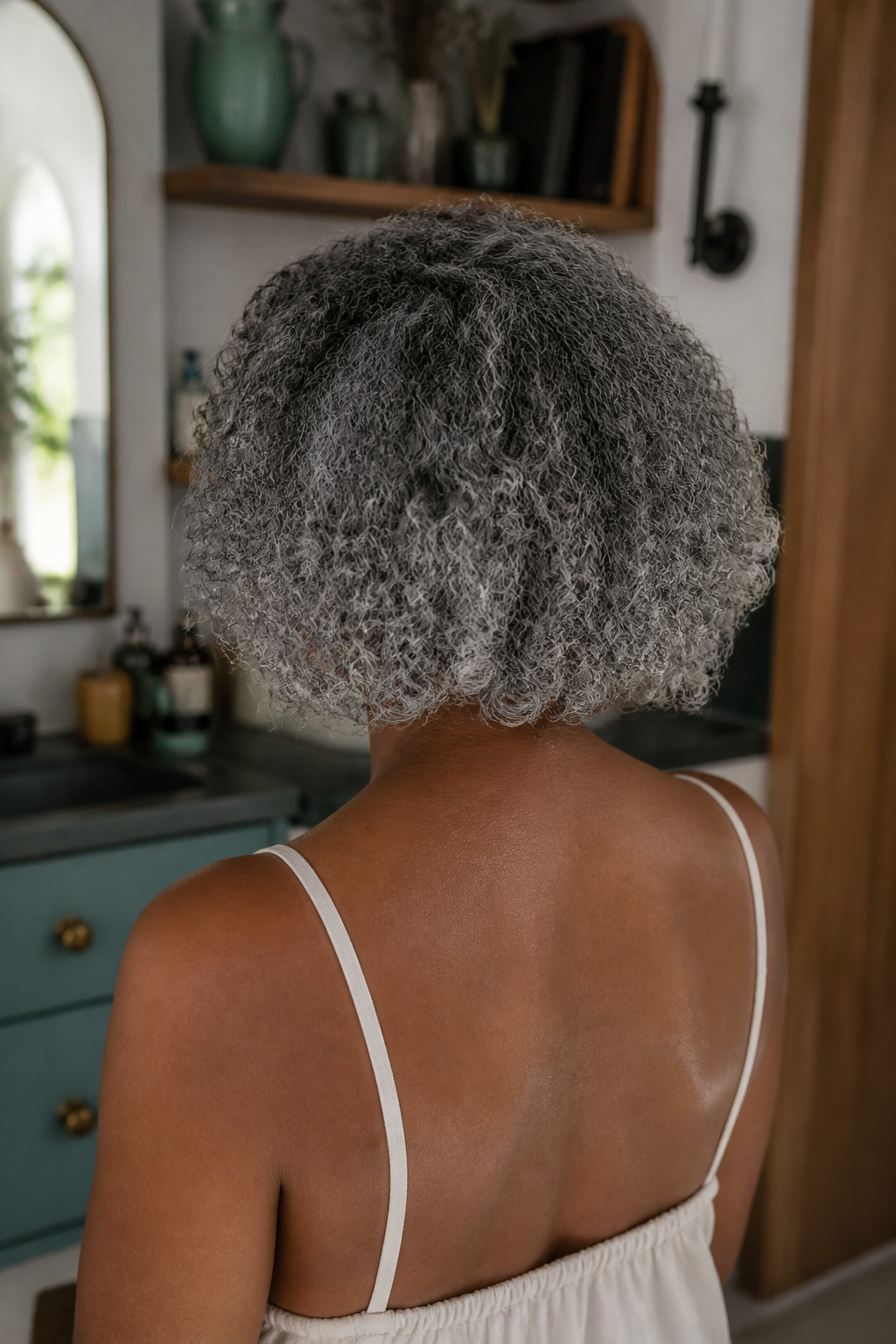 Back view of compact charcoal and silver coil bob