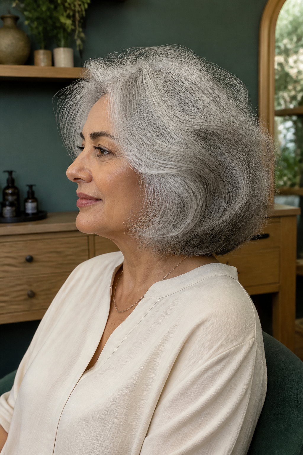Pearl-gray brushed cloud bob hairstyle