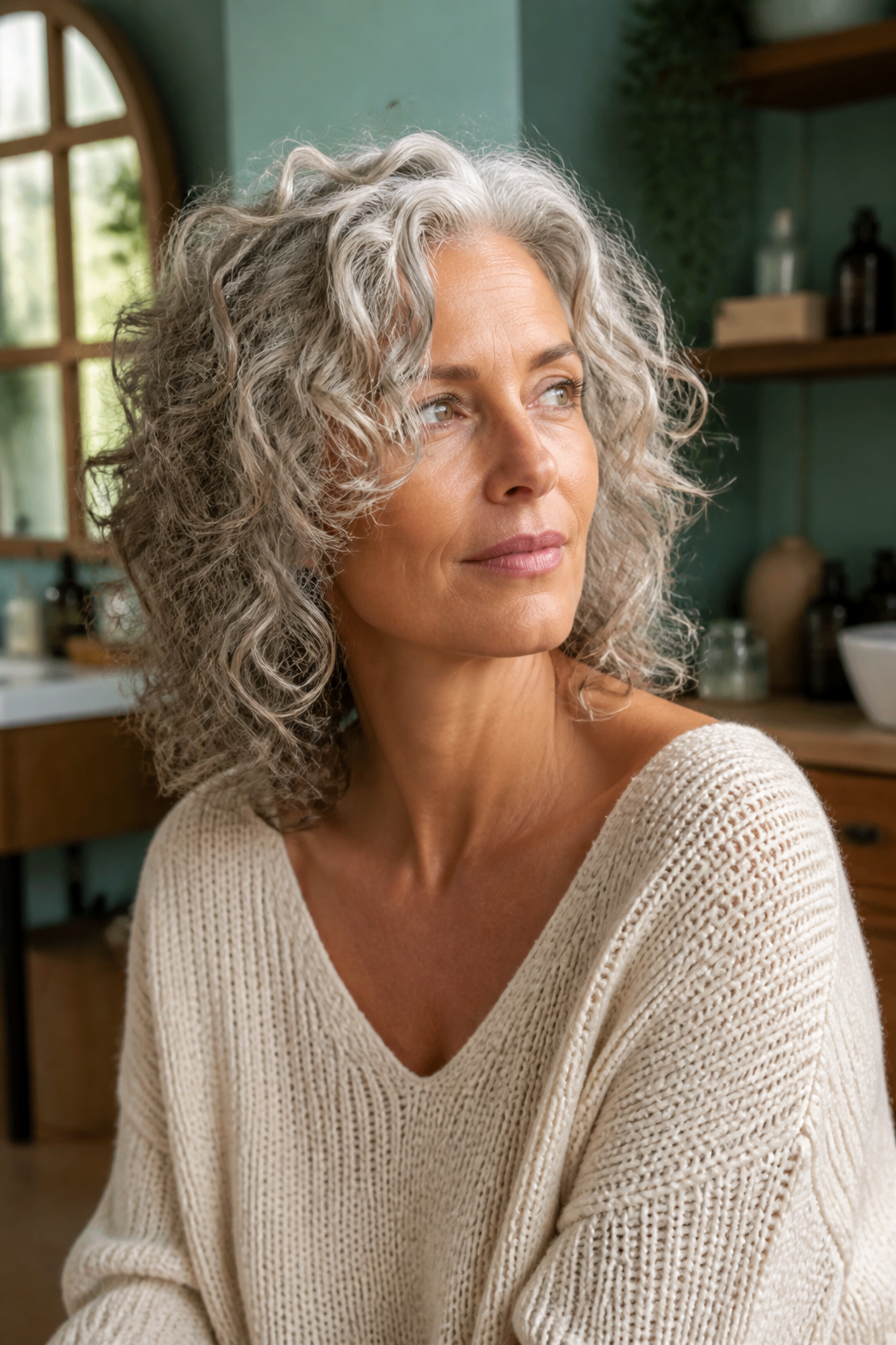 Natural gray curly long bob with silver face framing