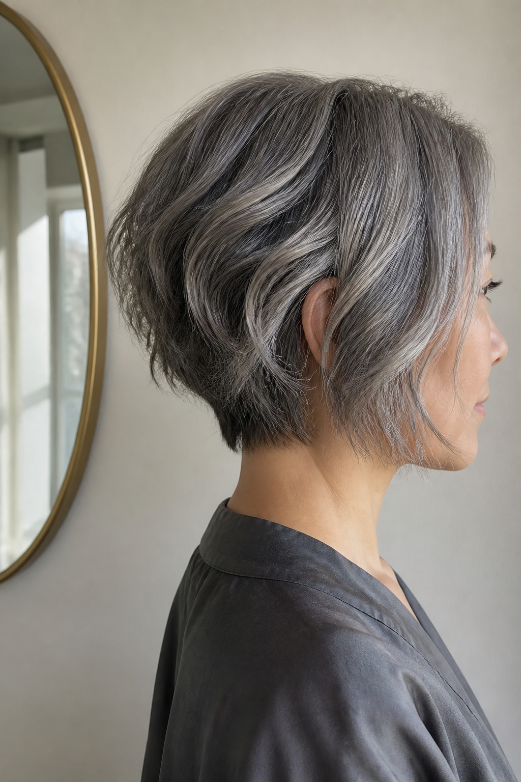 Asymmetrical Gray Bob hairstyle shown in a realistic hair-focused editorial view