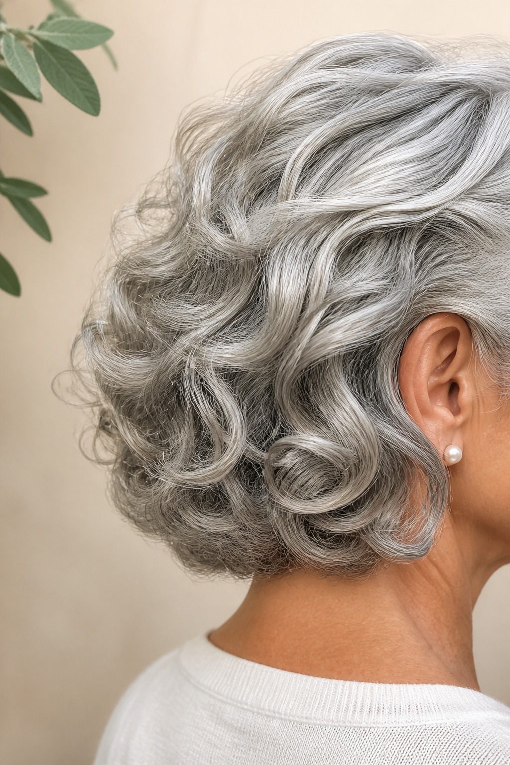 Side Swept Silver Bob hairstyle shown in a realistic hair-focused editorial view