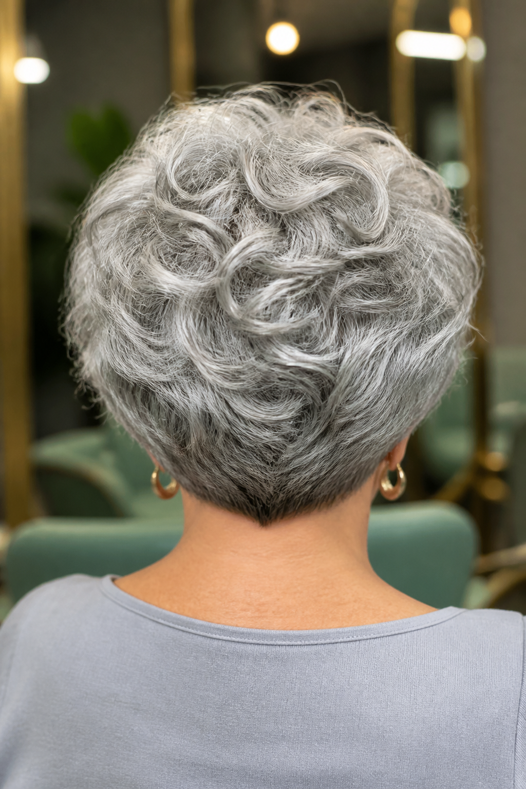 Stacked Silver Bob hairstyle shown in a realistic hair-focused editorial view