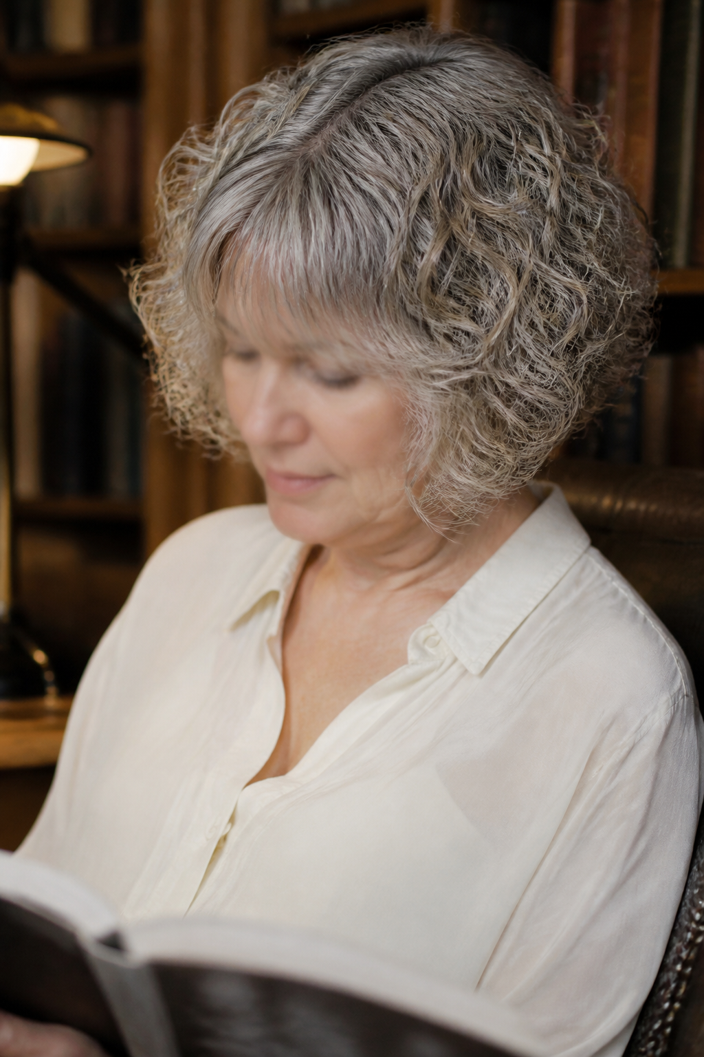 Soft Bang Gray Bob hairstyle shown in a realistic hair-focused editorial view