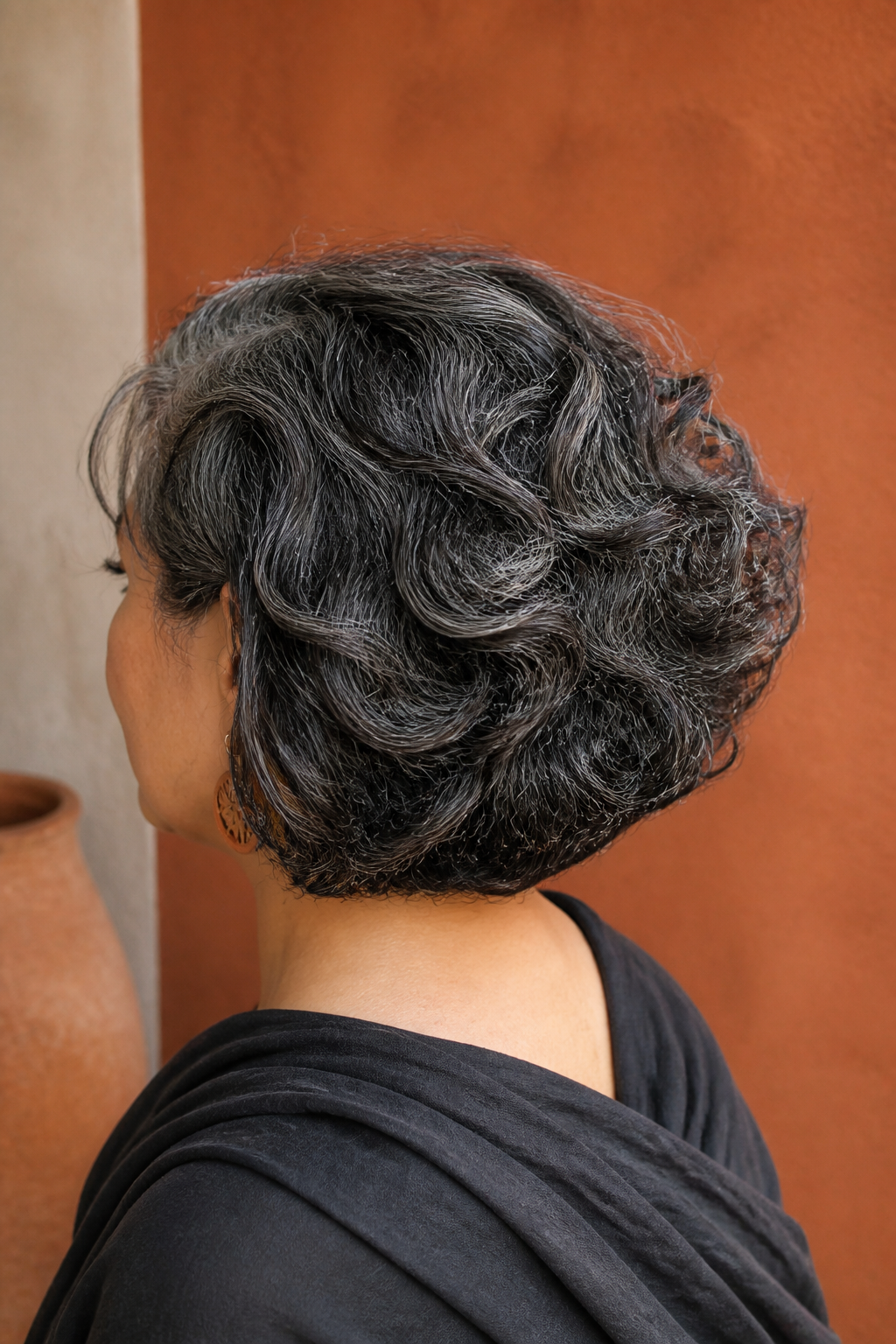 Salt Pepper Layered Bob hairstyle shown in a realistic hair-focused editorial view