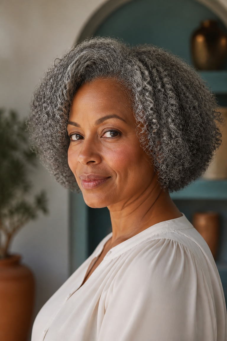 Rounded silver and charcoal curly bob hairstyle