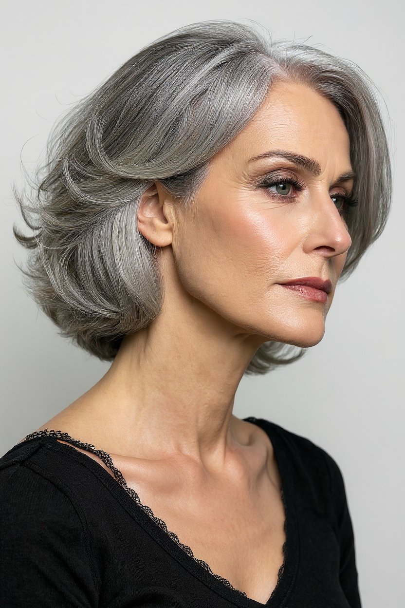 1. The Classic Silver Bob with Soft Curtain Bangs - gray hair with curtain bangs