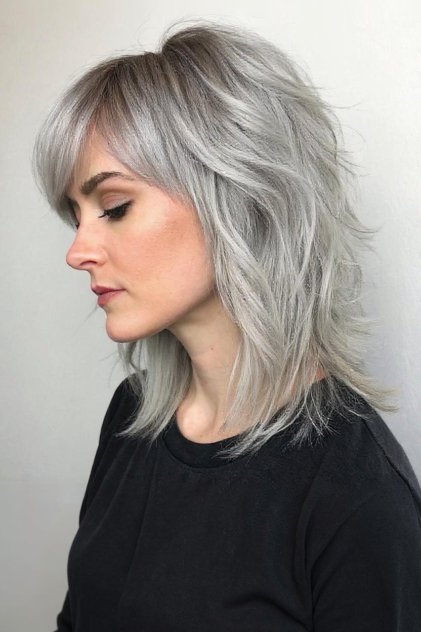 3. Iced Midi Shag with Gray Curtain Bangs - gray hair with curtain bangs