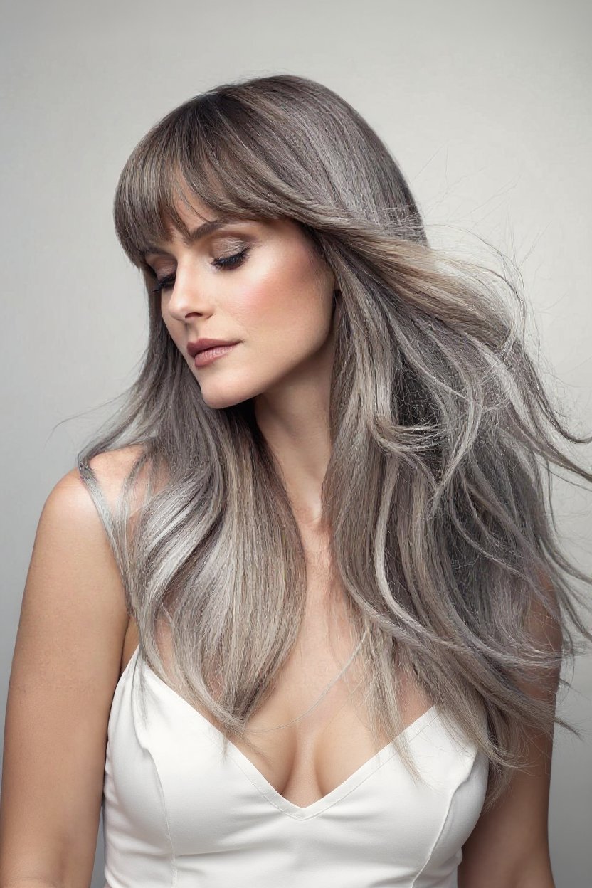 4. Long Gray Hair with Face-Framing Curtain Layers - gray hair with curtain bangs