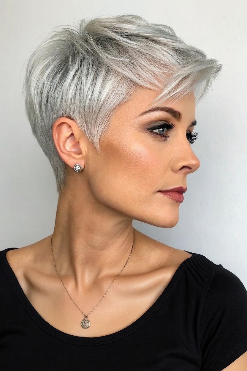 5. Gray Pixie with Soft Curtain-Style Front Pieces - gray hair with curtain bangs