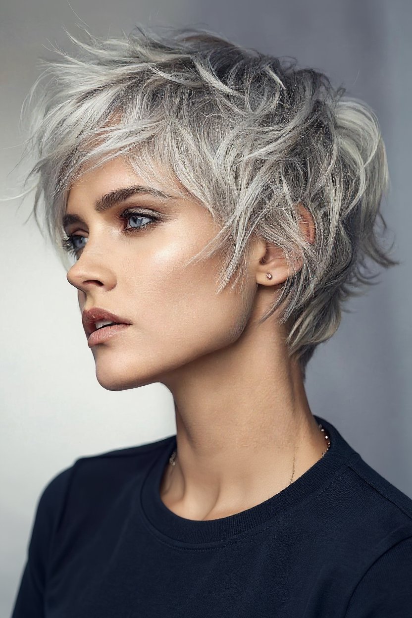 6. Silver Wolf Cut with Voluminous Curtain Bangs - gray hair with curtain bangs