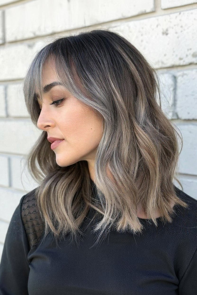7. Blended Gray Balayage Lob with Arched Bangs - gray hair with curtain bangs