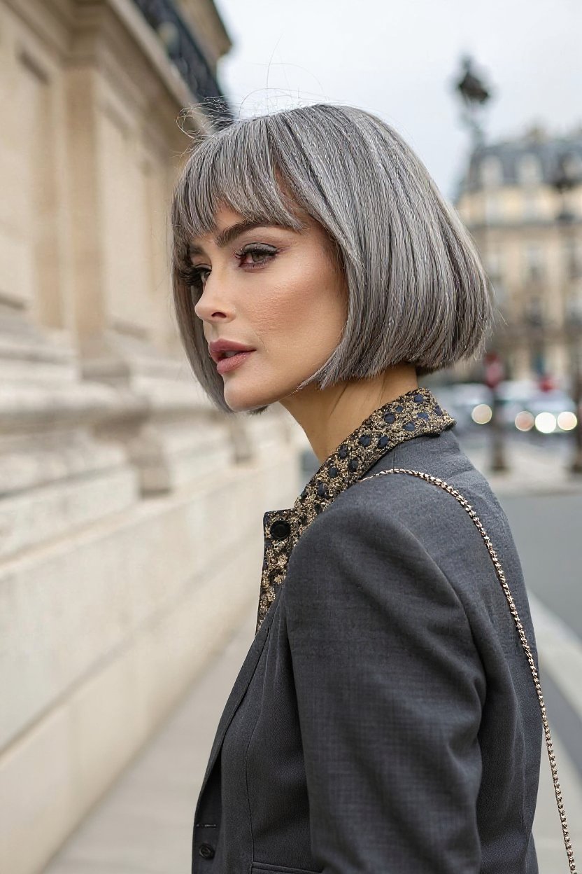 8. Gray Curtain Bangs on a Parisian French Bob - gray hair with curtain bangs