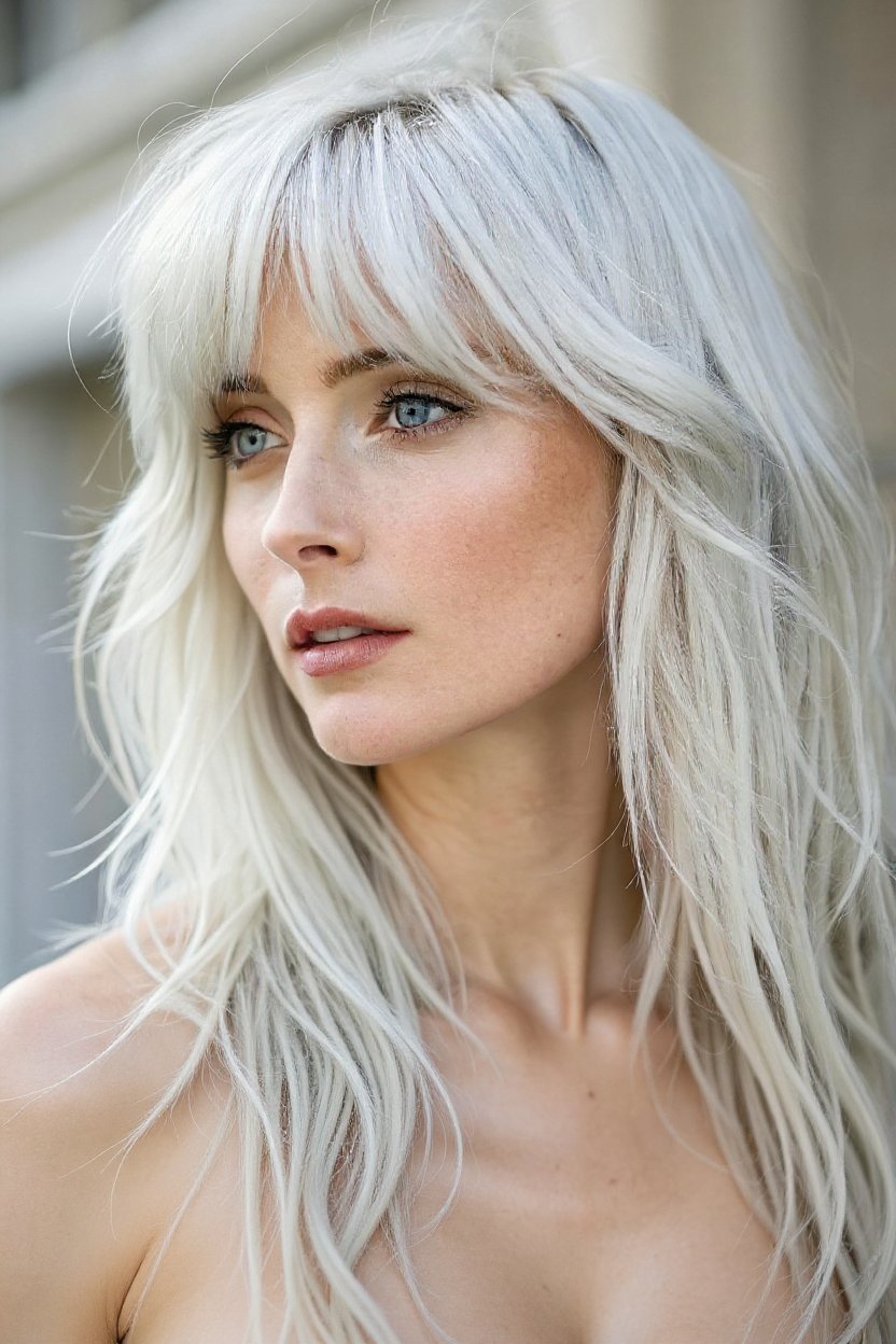 9. White-Blonde Gray Hair with Heavy Curtain Bangs - gray hair with curtain bangs