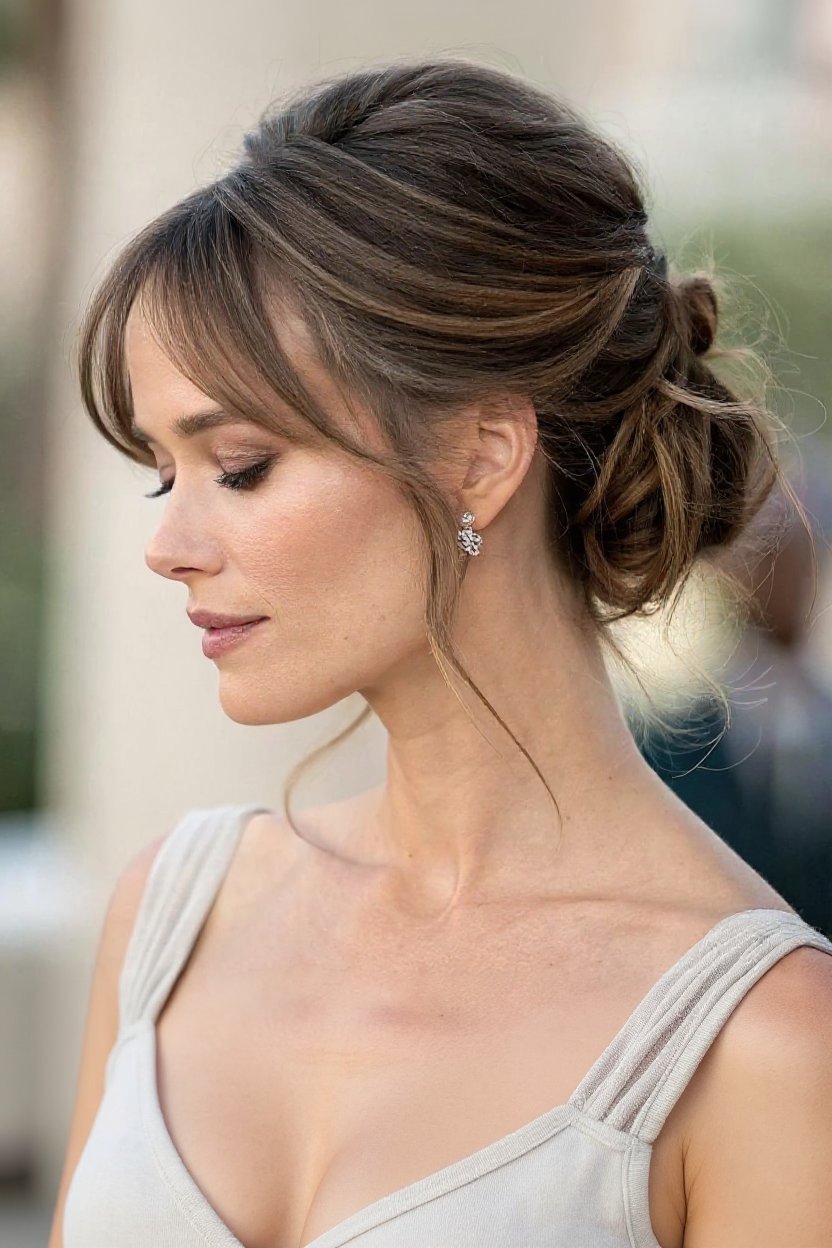 10. Elegant Low Bun Updo with Soft Gray Fringe - gray hair with curtain bangs