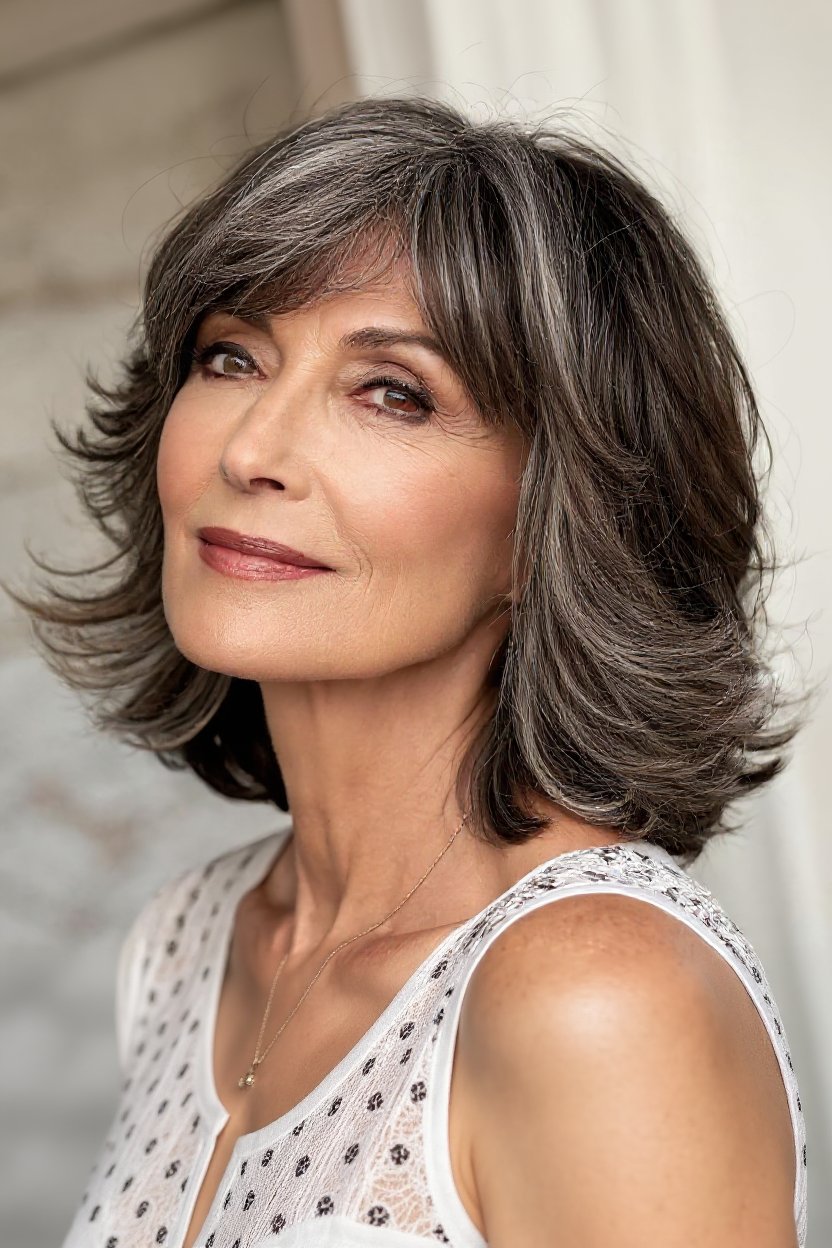11. Ash Brown and Gray Blend with Curtain Bangs Over 50 - gray hair with curtain bangs