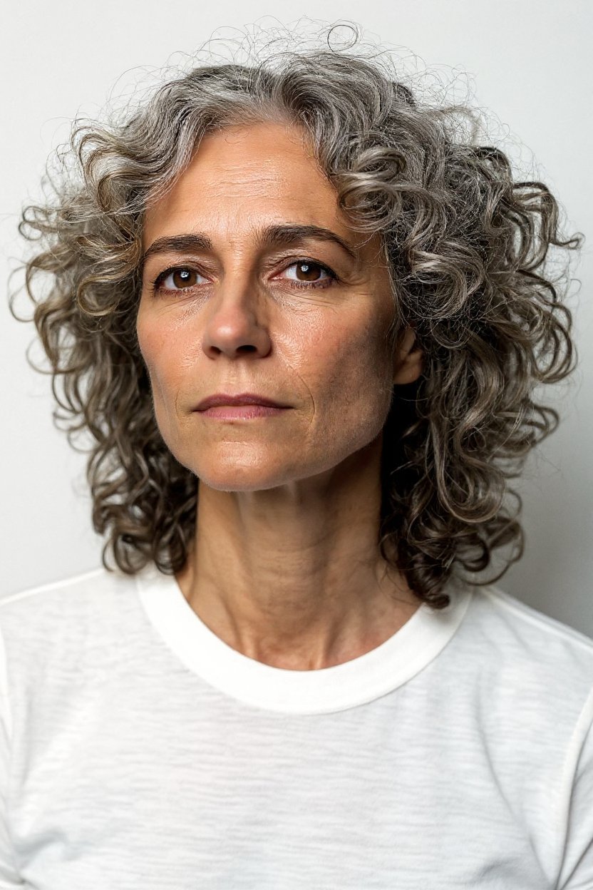 12. Curly Gray Hair with Longer Curtain Bangs - gray hair with curtain bangs