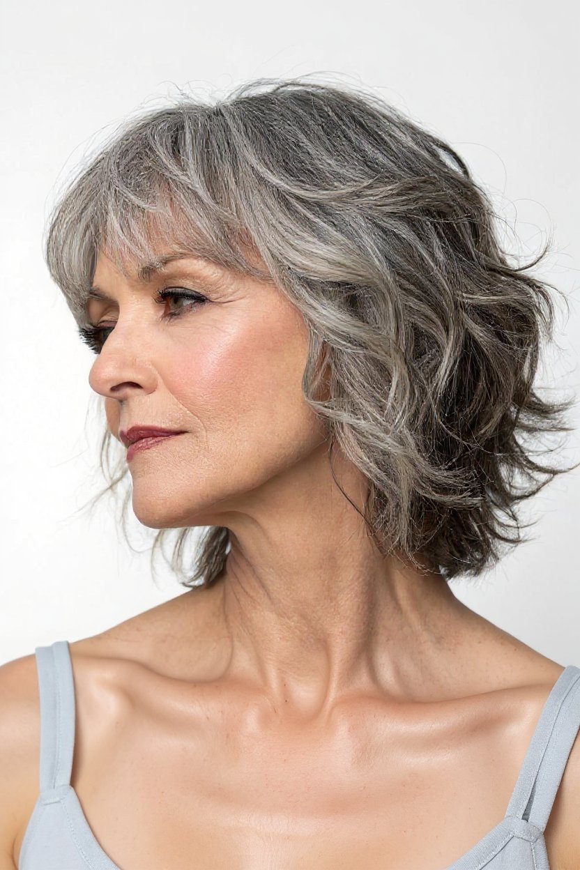 13. Gray Shaggy Bob (Mob) with Curtain Fringe - gray hair with curtain bangs