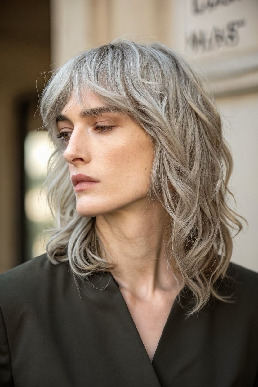 14. Natural Gray Grow-Out with Blended Curtain Bangs - gray hair with curtain bangs