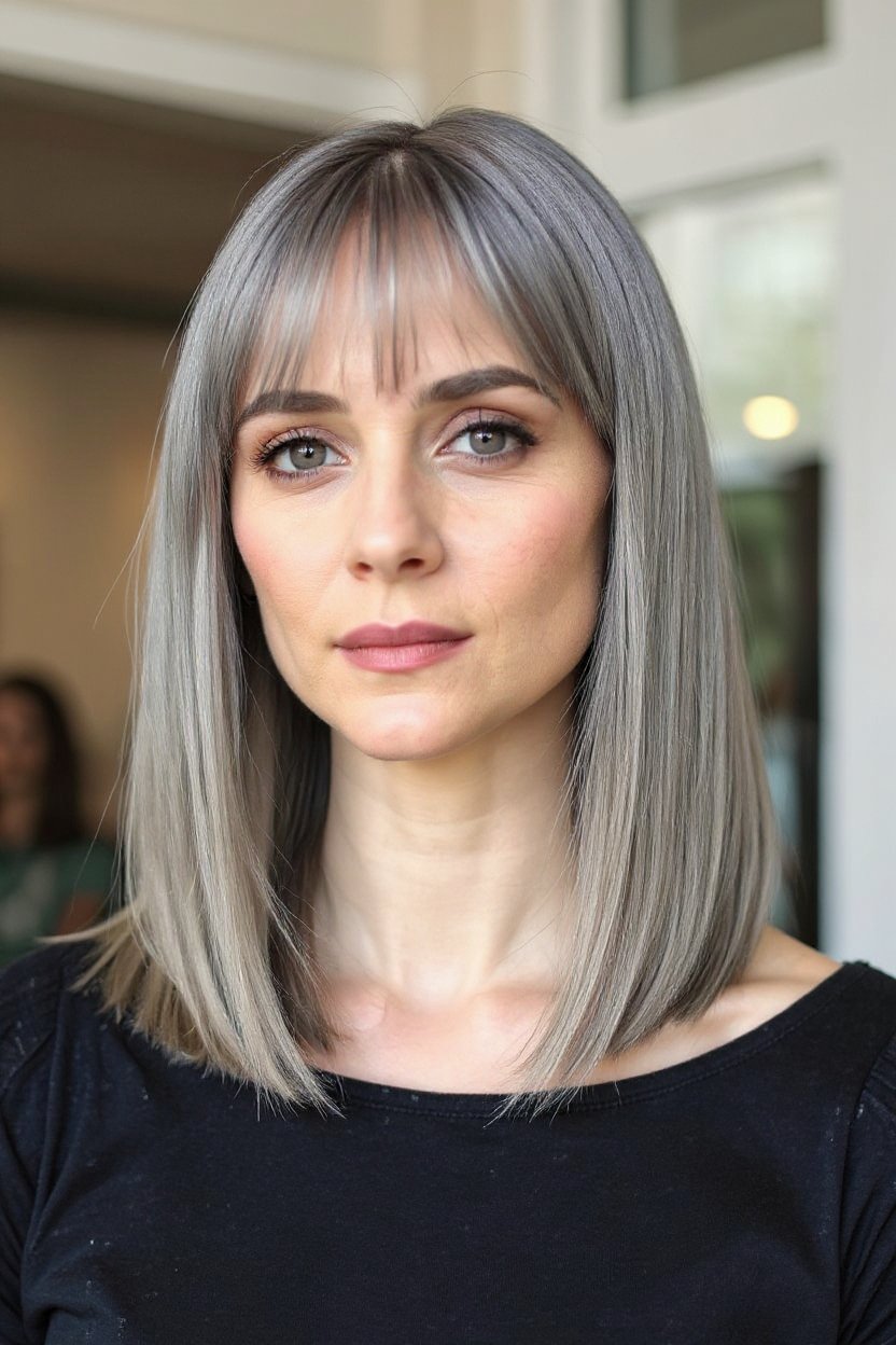 15. Sleek Straight Gray Lob with Defined Fringe - gray hair with curtain bangs