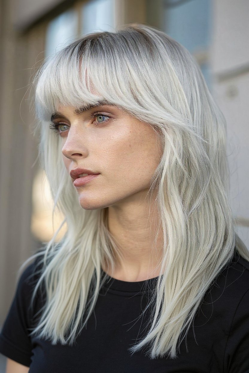 17. Platinum Silver Hair with Micro Curtain Bangs - gray hair with curtain bangs