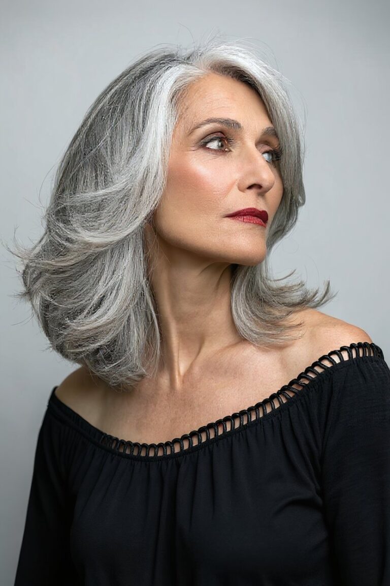gray hair with curtain bangs featured