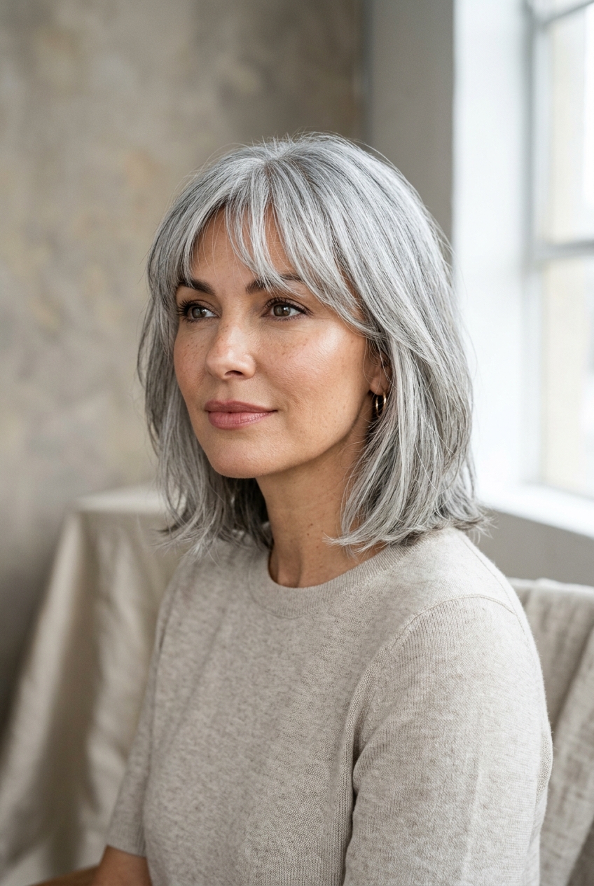 1. Feathered Silver-Gray Bob - gray hair with wispy bangs