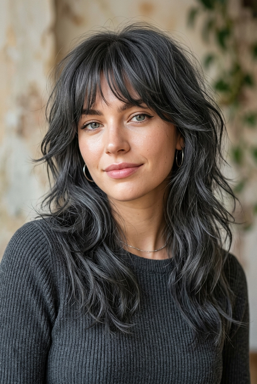 2. Modern Charcoal Gray Shag - gray hair with wispy bangs