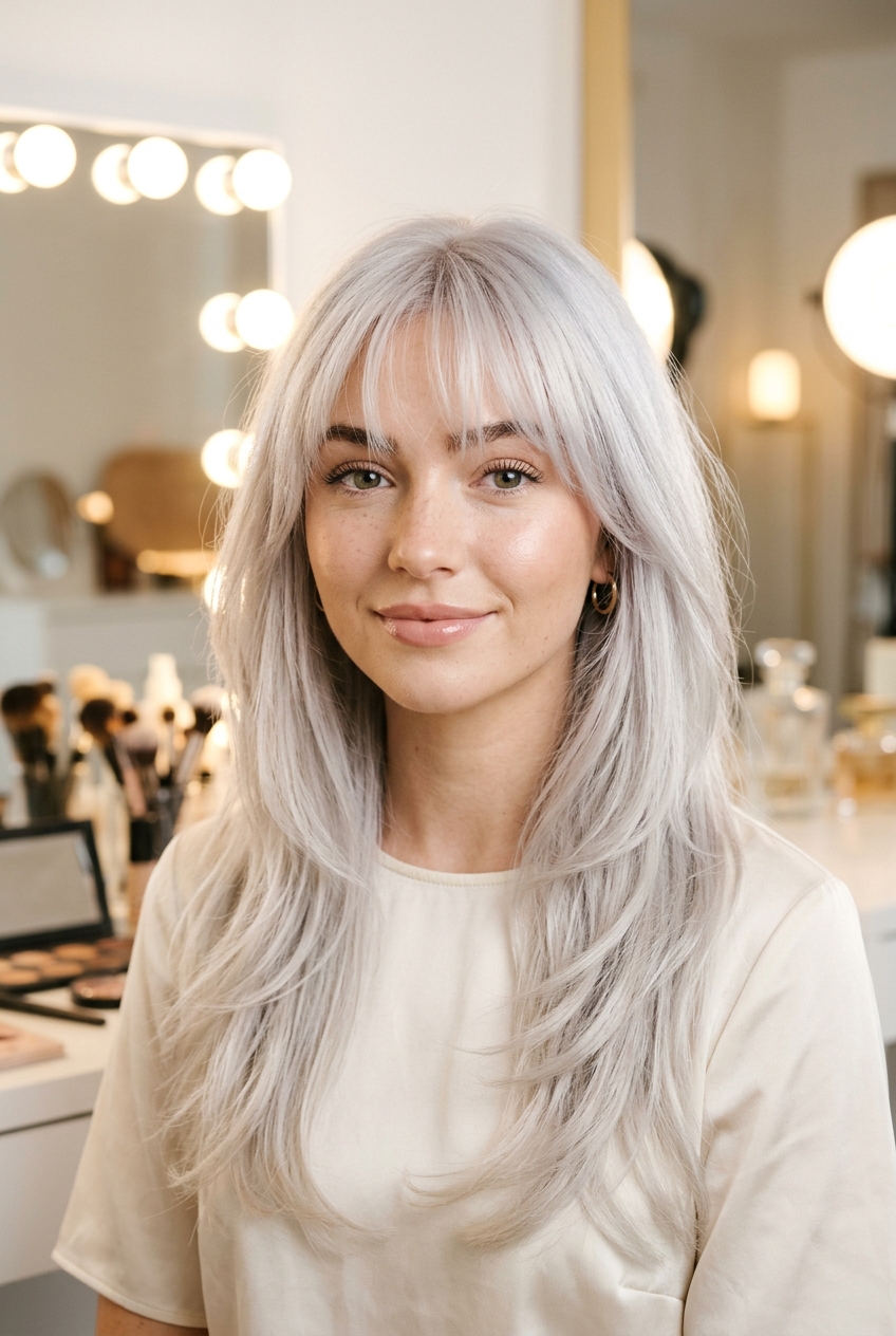 3. Luminous Platinum Layered Waves - gray hair with wispy bangs