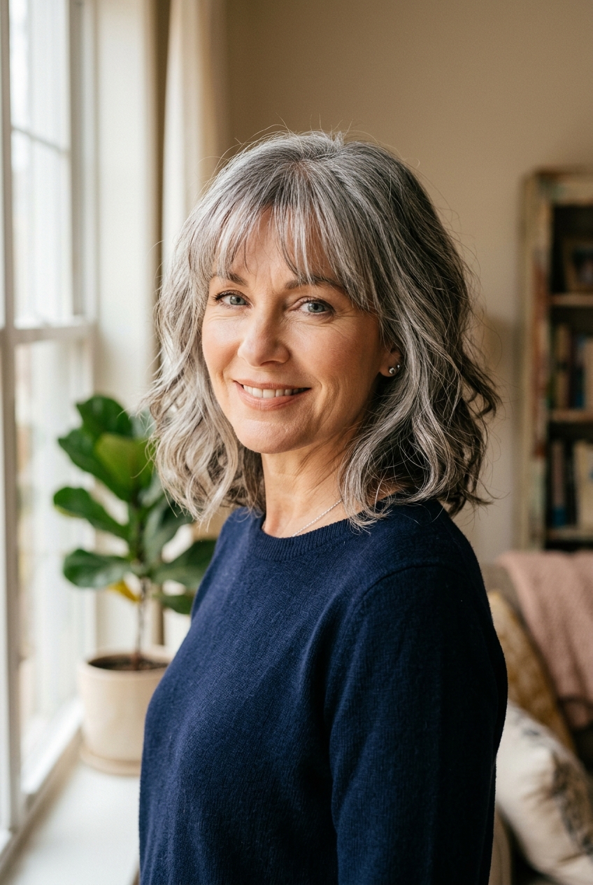 4. Salt-and-Pepper Textured Lob - gray hair with wispy bangs