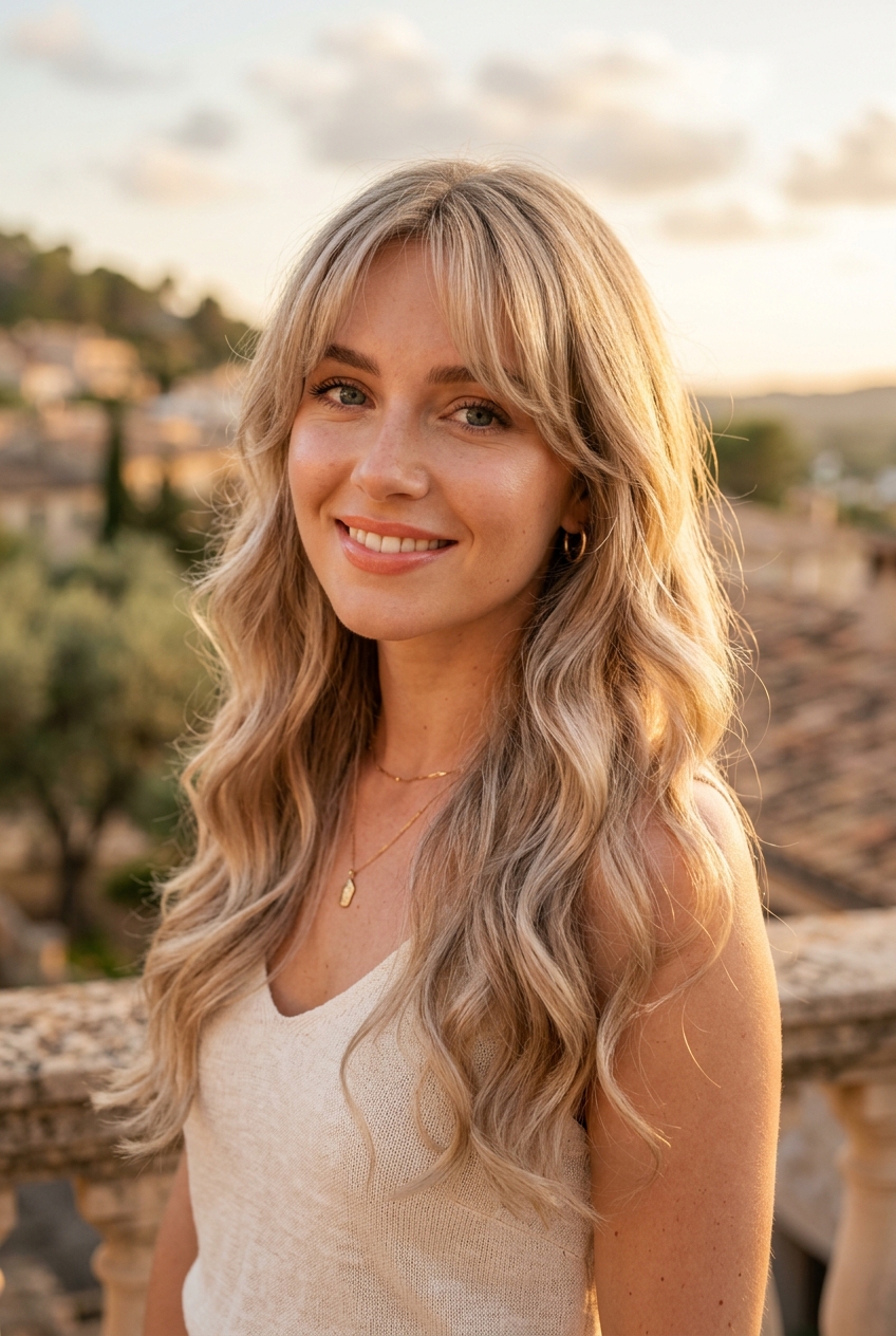 5. Warm Champagne Silver Waves - gray hair with wispy bangs