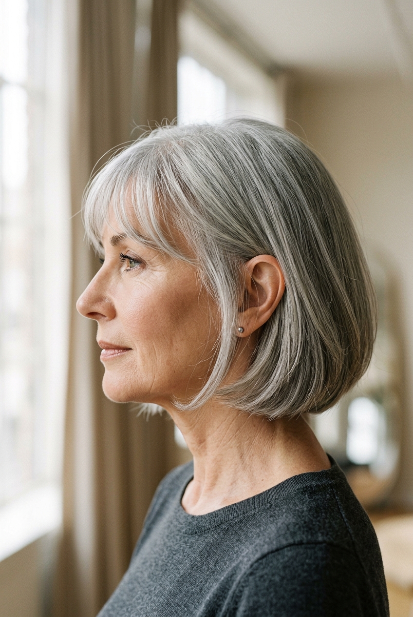 6. Classic French Silver Bob - gray hair with wispy bangs