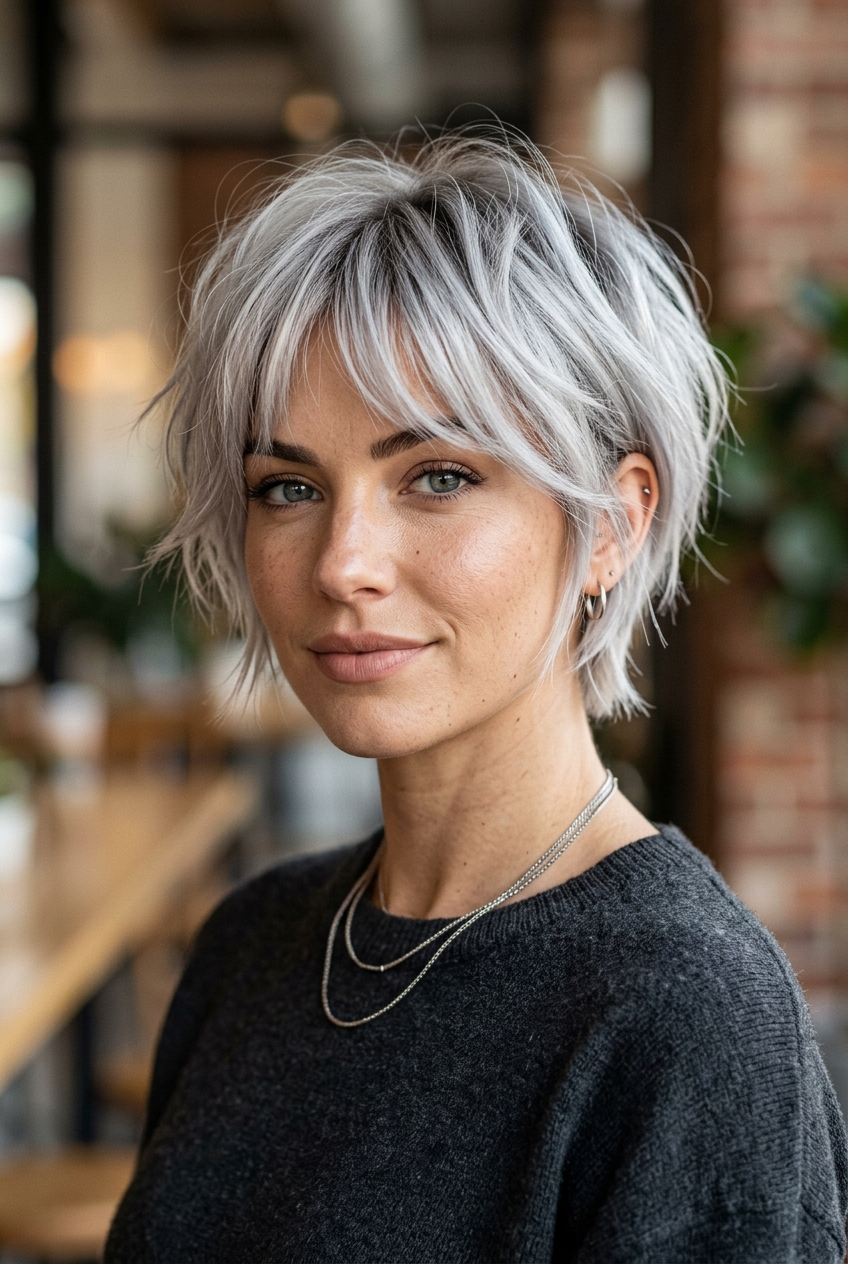 7. Textured Edgy Pixie-Bob - gray hair with wispy bangs