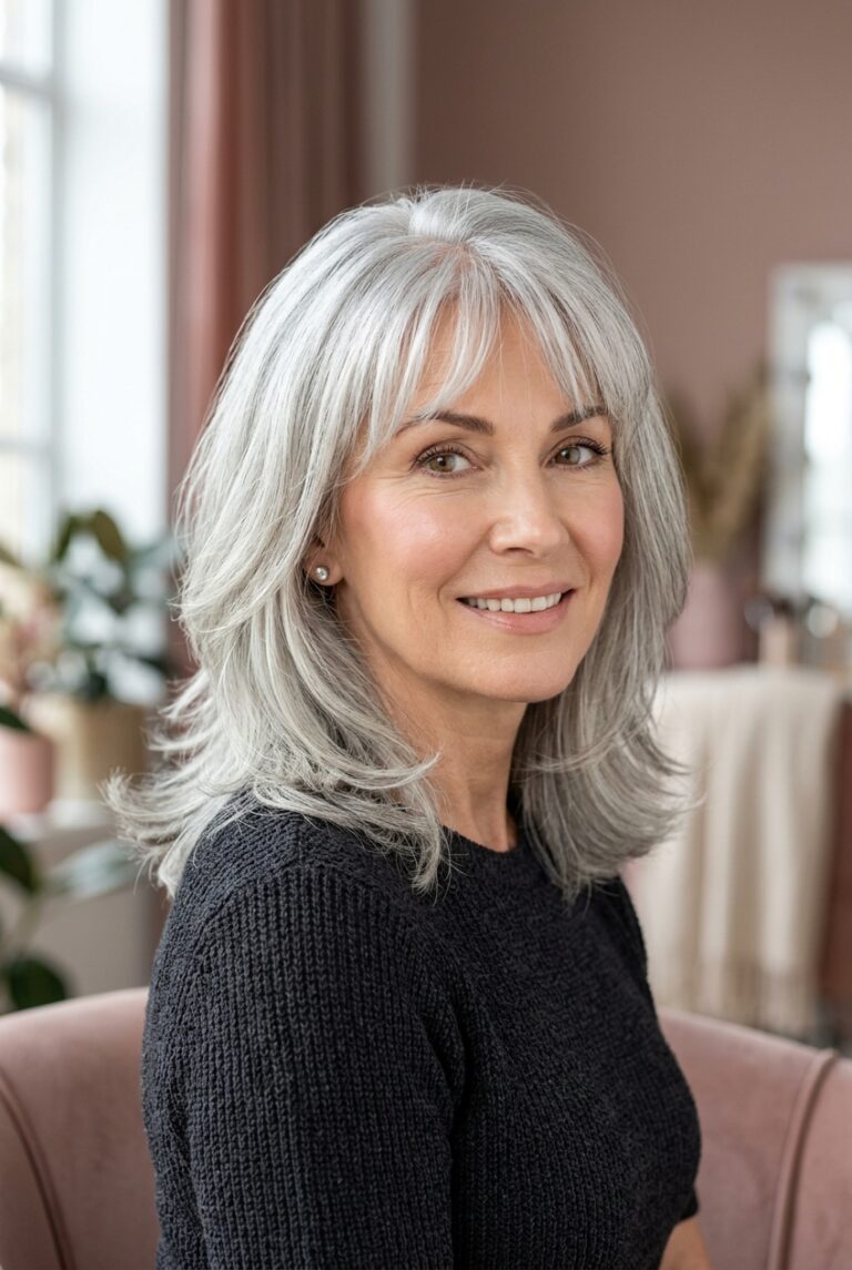 gray hair with wispy bangs featured